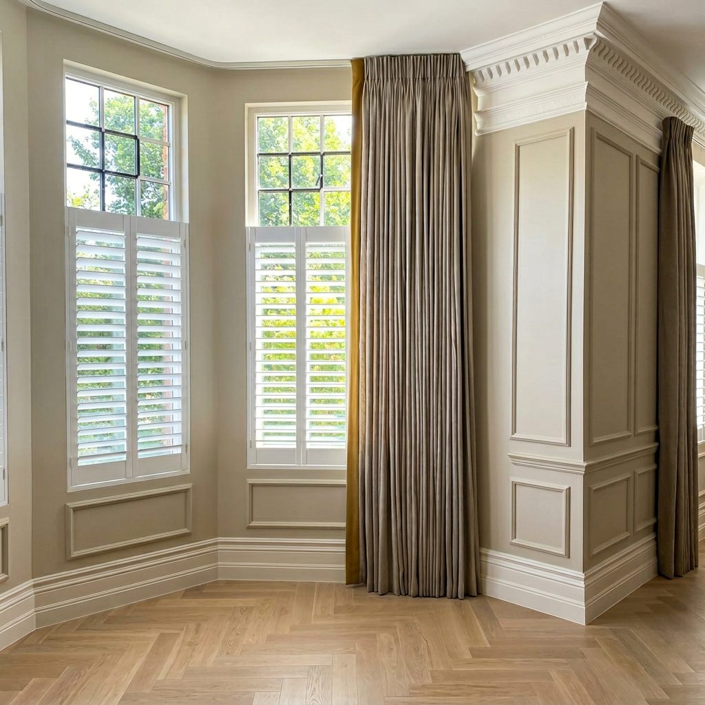 Neutral pleated curtains