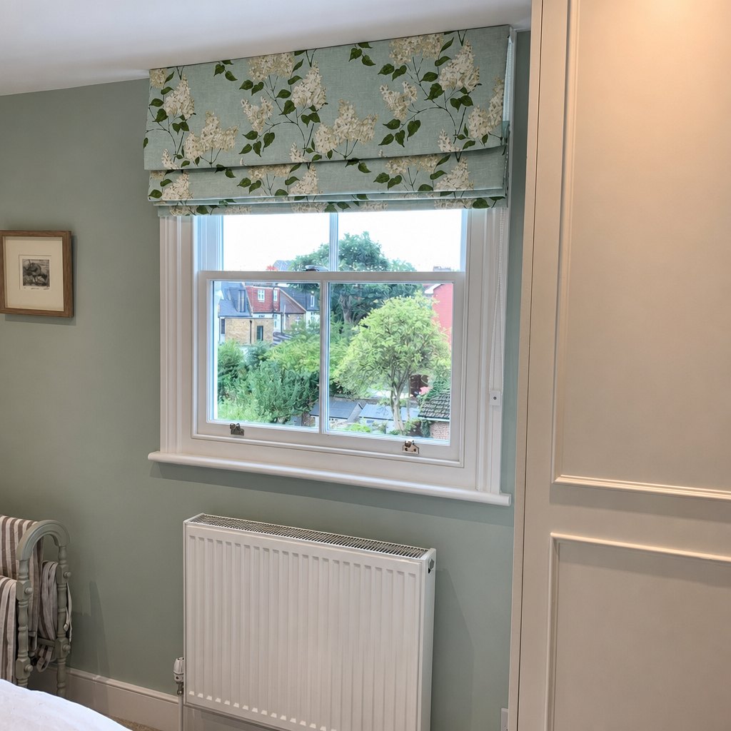 Blue patterned Roman blind
