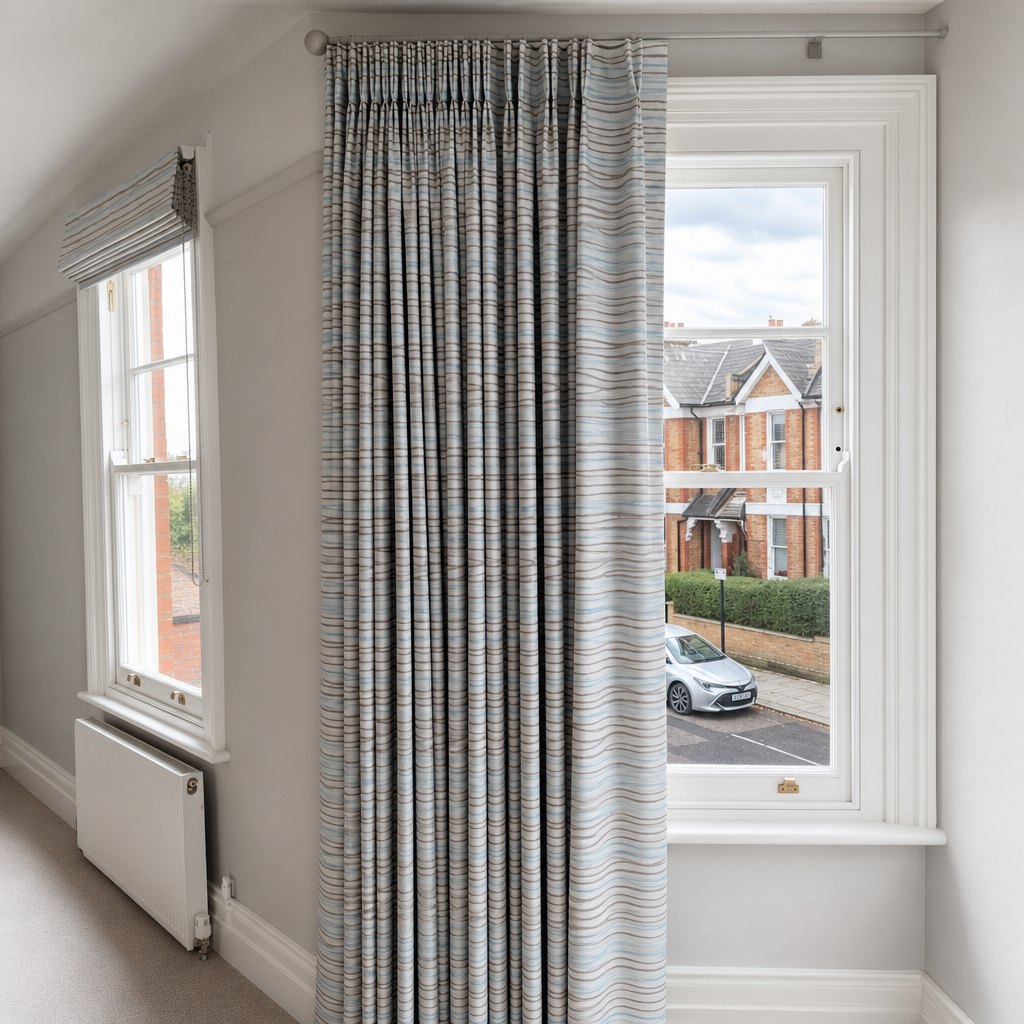Checked curtains in a bay window