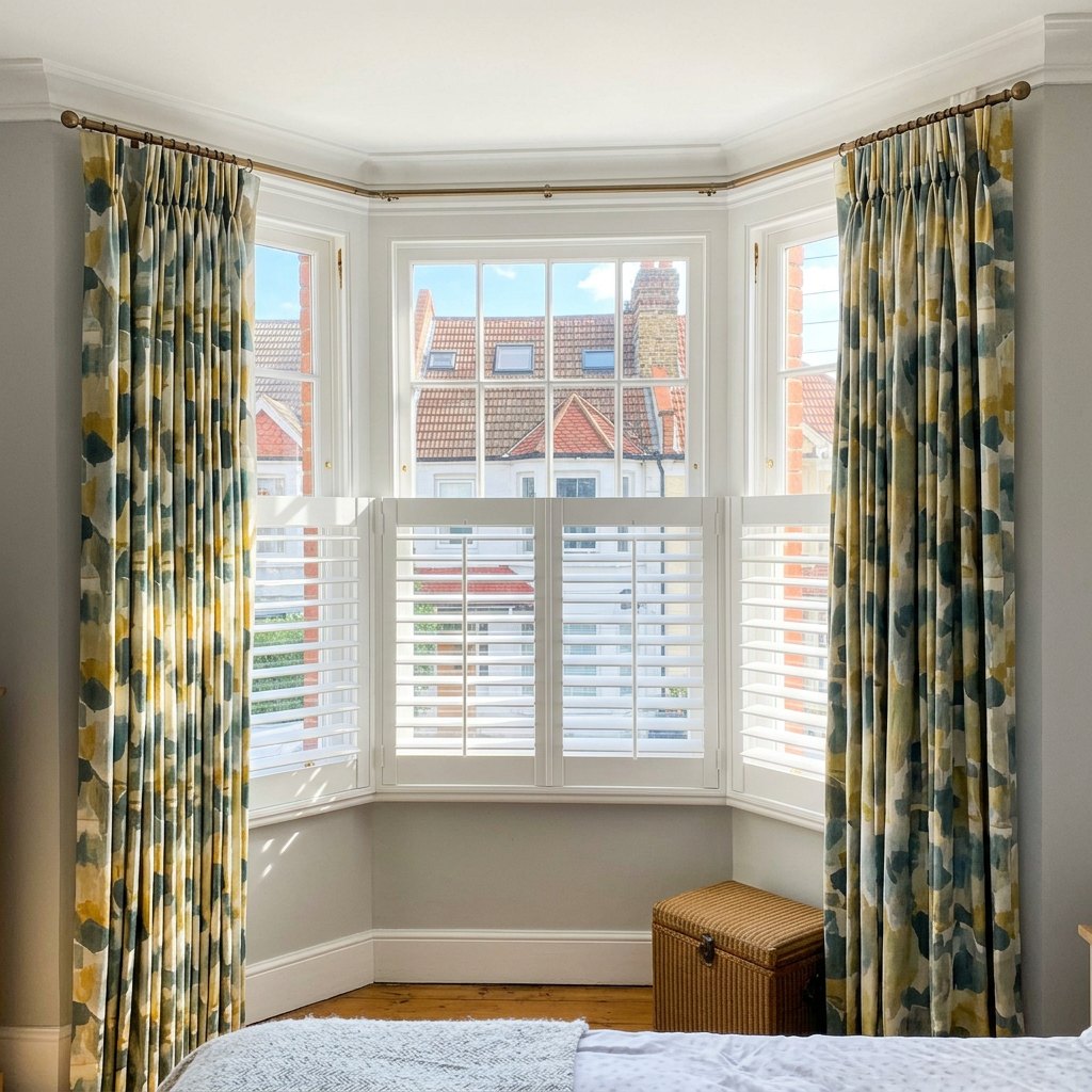 Patterned curtains in a bay window
